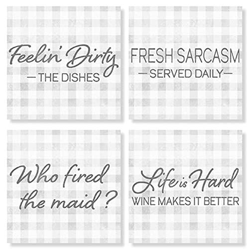 Carson Stoneware Coasters with Cork Back 4 Piece, Decorative Home Accents Square Stone Coaster Set, Gray Funny Kitchen Square House Coaster Set