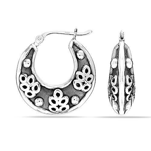 LeCalla Sterling Silver Jewelry Antique Filigree Click-Top Polished Hoop Earrings for Women Teen