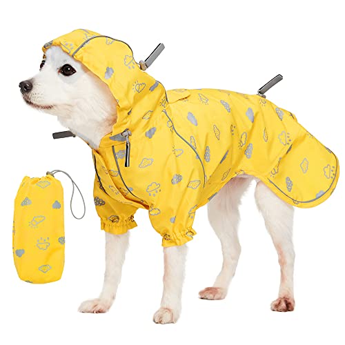 Blueberry Pet 14" Reflective Cloud Prints Lightweight Waterproof Dog Raincoat with Hood & Harness Hole, Sunflower Yellow, Outdoor Rain Gear Jacket 2 Legs for Dogs
