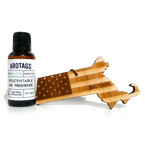 Arotags Massachusetts Patriot Wooden Car Air Freshener - Long Lasting Beach Bum Scent Diffuses for 365+ Days - Includes Hanging Mirror Diffuser and Fragrance Oil - 100% American Made