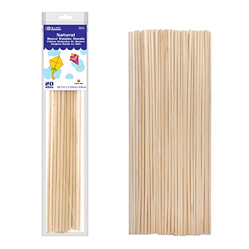 BAZIC Wooden Dowel Rods Wood Sticks, 3/16" x 12" Round Natural Color Hardwood Stick, Unfinished Wood for Crafts Lollipops Cake Support (20/Pack), 1-Pack