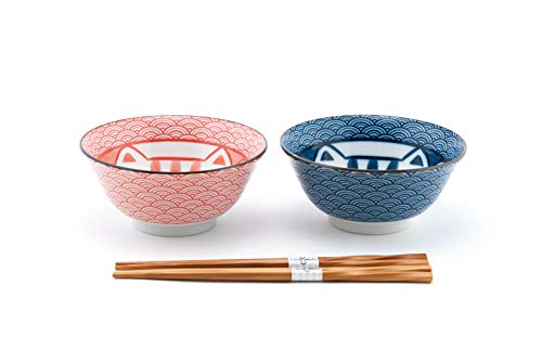 FMC Fuji Merchandise Japanese Porcelain Multi Purpose Tayo Bowl Maneki Neko Lucky Cat Meow Design Set of 2 with Chopsticks Gift Set Made In Japan