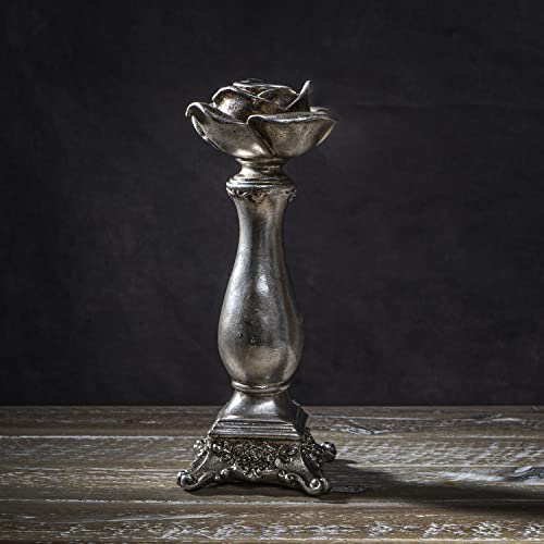 Pacific Trading Antique Silver Rose Candle Stick Pillar Holder