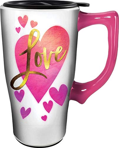 Spoontiques 12878 Love Ceramic Travel Mug, 18 oz, Pink