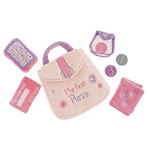 Mud Pie My First Purse Plush Set, purse 7" x 6 1/2"| phone 4" x 2 1/2"| coin pouch 3" x 3"| credit card 2 3/4" x 3 1/2"| compact 2 3/4" x 2 3/4" | coins 1 1/2" dia, Multicolor