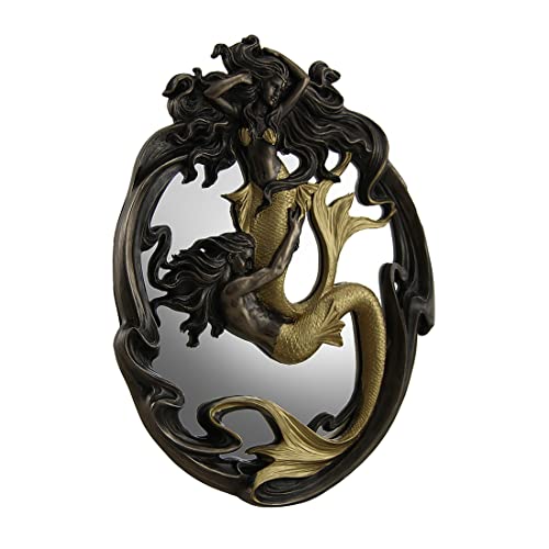 Unicorn Studio Resin And Glass Wall Mounted Mirrors Holding On Merman & Mermaid In A Fluid Embrace Bronze & Gold Finish Wall Mirror 7.5 X 10 X 0.5 Inches Bronze