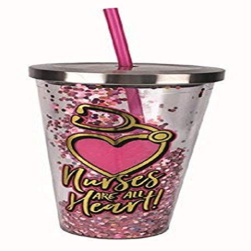 Spoontiques 21314 Nurses Glitter Cup With Straw, Pink