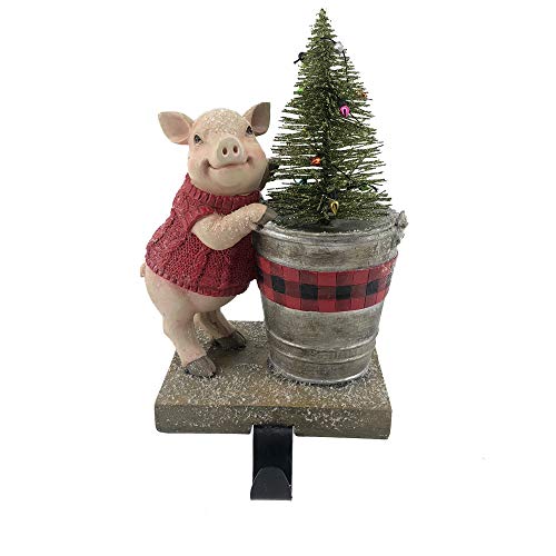 Comfy Hour Winter Holiday Home Collection 9" Pig with Christmas Tree Stocking Hanger Christmas Decor, Polyresin