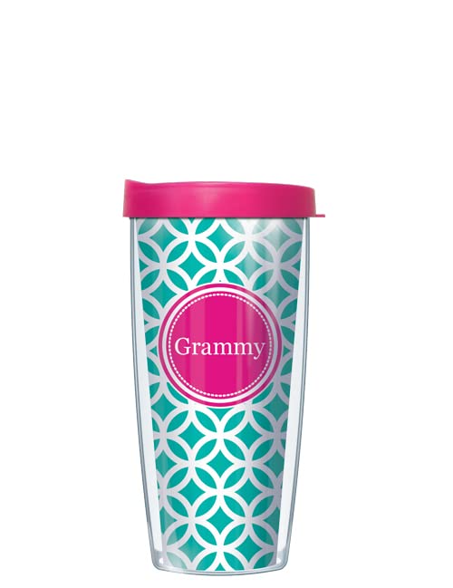 Freeheart Pink Grammy Insignia Wrap on Teal and White Roundabout w/ Hot Pink Lid Tumbler Cup 16 Oz | Fantastic Temperature Retention, Thermal Insulated! Dishwasher and Microwave Safe | BPA Free| Great Gift Idea