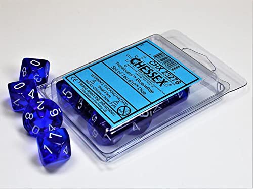 Chessex: d10 Translucent 10 Dice Set: Blue and White - Revised