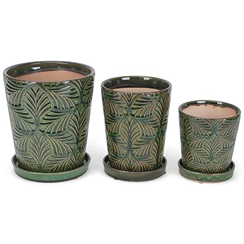 Napco Green Leaf Green Ceramic Flower Pot Planter with Saucer Set of 3