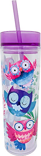 Spoontiques 22115 Tall Cup Tumbler with Straw, 16 Oz (Owls)