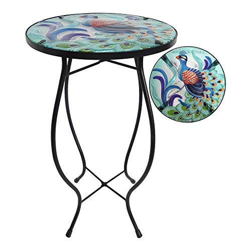 Comfy Hour Peacock Decor Collection 21" Blue Peacock Glass Top Metal Art Flowerpot Holder Plant Support Flower Stand, Garden and Home