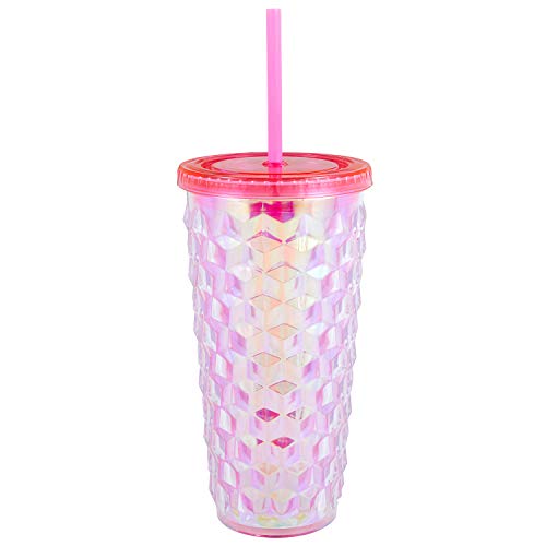 Creative Brands Slant Collections Acrylic Faceted Double-Wall Tumbler with Lid and Straw, 18-Ounce, Pink