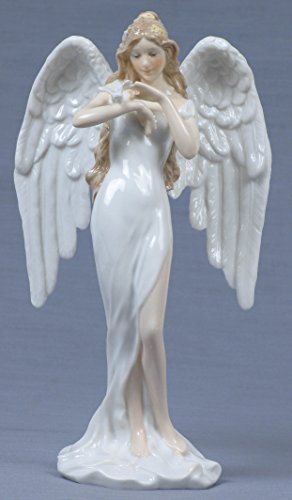 Unicorn Studio 9 Inch White Glazed Porcelain Guardian Angel Green Dress Stroking Dove