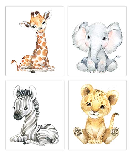 Designs by Maria Inc. Set of 4 UNFRAMED WaterColor Animal Print Pictures | Baby Nursery Decor | Zoo Animals Pictures | Safari Room Decor For Babies | Safari Wall Decor | Decor For Baby Room (8"x10")