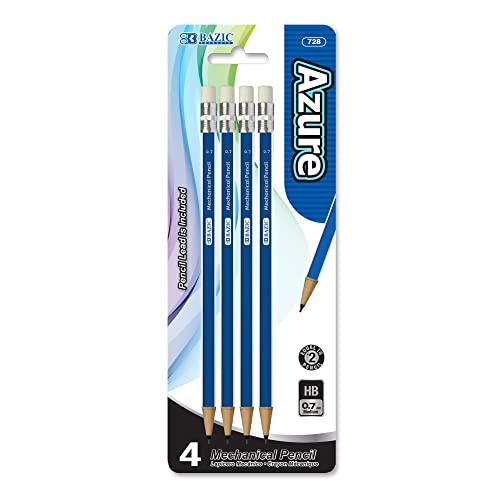 BAZIC Mechanical Pencil Azure 0.7mm, Smooth Writing Pencils Lead, Latex Free Eraser, for Drafting Drawing Sketching (4/Pack), 1-Pack