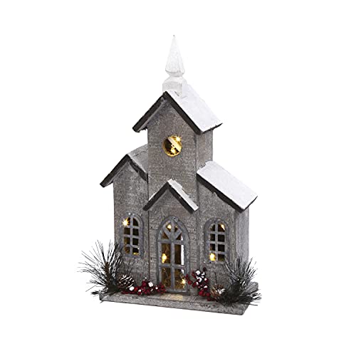 Gerson 2429600 Battery Operated Lighted Wood House with Pine and Berry Accent 16" H