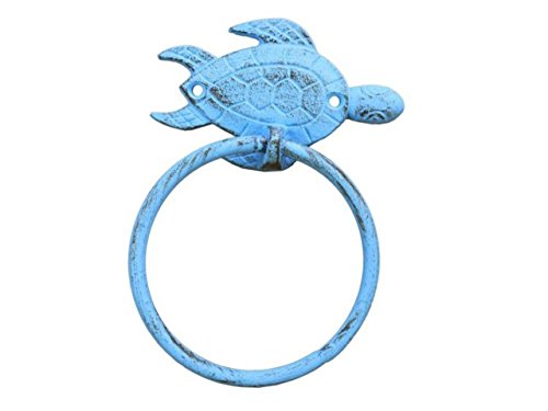 Hampton Iron Rustic Towel Holder 7"-Sea Turtle Beach Decor-Cast Iron, Solid Light Blue