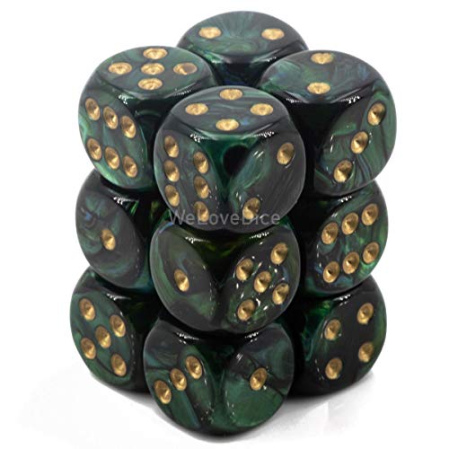 Chessex Scarab 16mm d6 Jade/Gold Dice Block 12 pipped dice