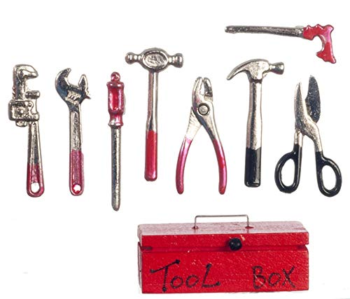 Aztec Imports Dolls House Red Tool Box & Metal Tools Miniature Garden 1:12 Shed Work Accessory