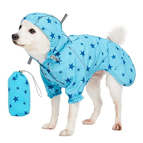 Blueberry Pet 16" Star Prints Lightweight Reflective Waterproof Dog Raincoat with Hood & Harness Hole, Blue, Outdoor Rain Gear Jacket 2 Legs for Dogs
