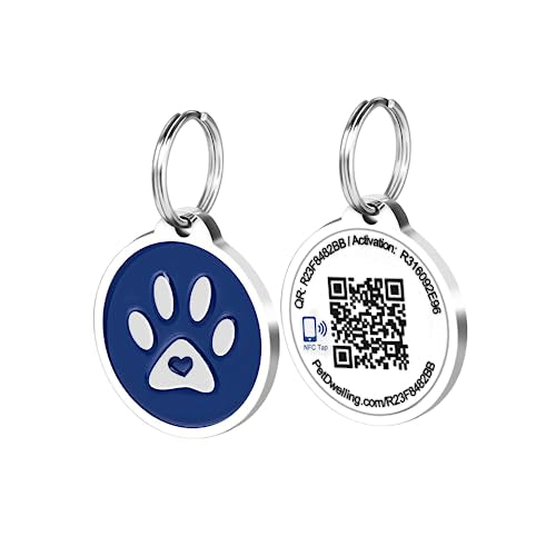 Pet Dwelling Smart QR Code-NFC Pet ID Tag - Dog Tags - Cat Tags - Online Pet Profile - Instant Email Alert -Scanned QR Tag GPS Location (Blue Paw)