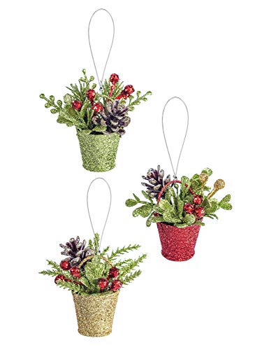 Ganz Midwest Festive Red Green Goldtone Pine Bucket 2 inch Acrylic Decorative Ornament, Set of 3