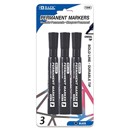 BAZIC Black Chisel Tip Permanent Markers Pens Marcador, Coloring on Plastic Wood Glass, Art School Office (3/Pack), 1-Pack