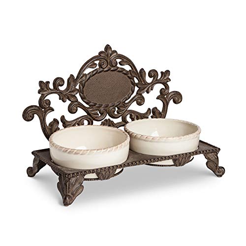 Gerson GG Acanthus Leaf Collection Cream Ceramic and Cast Metal Pet Feeder