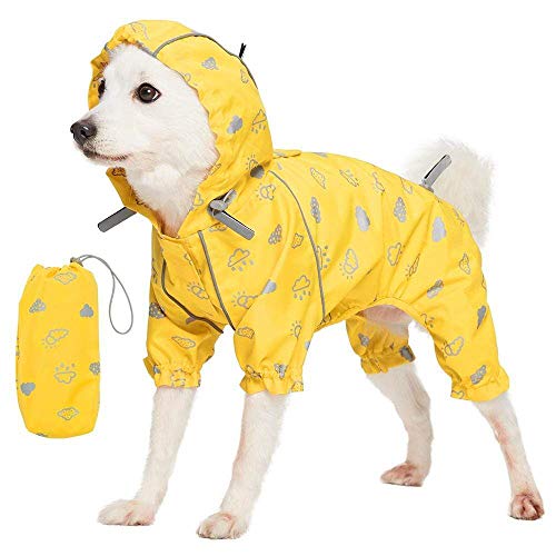 Blueberry Pet 20" Reflective Cloud Prints Lightweight Waterproof Dog Raincoat with Hood & Harness Hole, Sunflower Yellow, Outdoor Rain Gear Jacket 4 Legs for Large Dogs