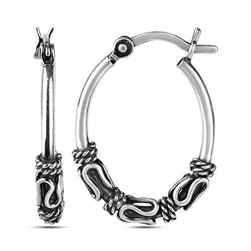 LeCalla Sterling Silver Jewelry Oxidized Tribal Bali Hoop Earrings for Women Girl