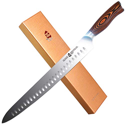TUO Cutlery Slicing Knife 12 inch - Granton Carving Knives Hollow Ground Meat Cutting Knife Kitchen Long Slicer & Carver - HC German Stainless Steel Pakkawood Handle - Gift Box Included - Fiery Series