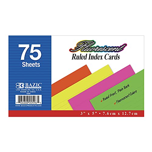 BAZIC 75 Count 3" X 5" Ruled Fluorescent Colored Index Card (596)