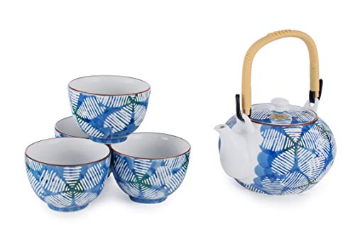 FMC Fuji Merchandise Corp 5 pc Japanese Arita Ware Tea Set with Spout Strainer Teapot and Plastic Handle and 4 Tea Cups Made in Japan (Floral Lines)