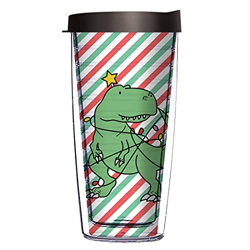 Comfy Hour Christmas Dinosaur and Seasonal Lighting Watching Aside Design 16 oz Clear Tumbler with Black Lid