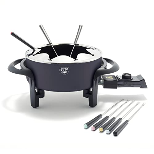 Cookware Company GreenLife Healthy Ceramic Nonstick 3QT Fondue Party Set with 8 Forks, Black