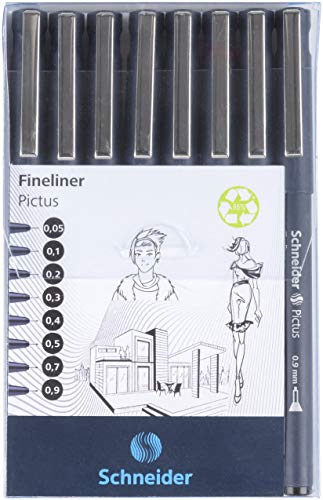 Rediform Schneider Pictus Fineliner Pens 8 Different Line Widths 0.05 - 0.9 mm Black Case of 8