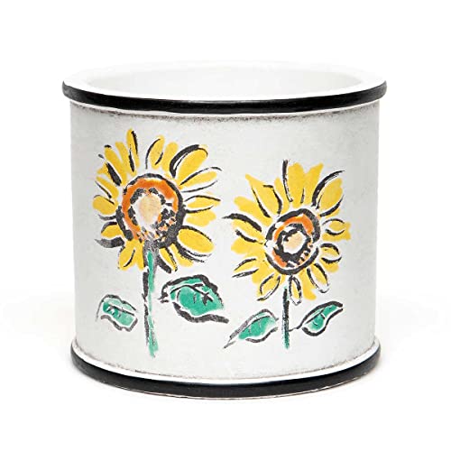 MeraVic Sunflower Motif Concrete White Medium Pot Planter with Black Trim and Watertight Glaze, 5.75-inch Height, Outdoor Garden Decoration