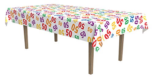 Beistle Multicolor 50 Stamp All Over Holiday Tablecover, Purple, Blue, Red, Yellow, Orange, White