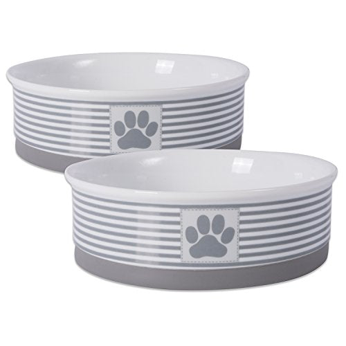 DII Design Bone Dry Paw Patch & Stripes Ceramic Pet Bowl & Canister Collection, Large Bowl Set - 7.5 x 7.5 x 2.4", Gray, 2 Piece