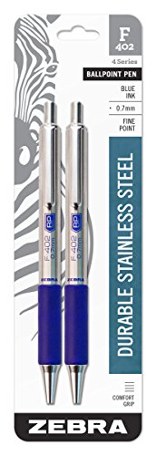 Zebra Pen F-402 Ballpoint tainle Teel Retractable Pen, Fine Point, 0.7mm, Blue Ink, 2-Count