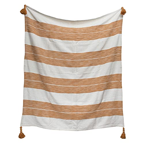 Foreside Home & Garden Orange Striped Woven 50 x 60 Cotton Throw Blanket with Hand Tied Tassels, Ochre