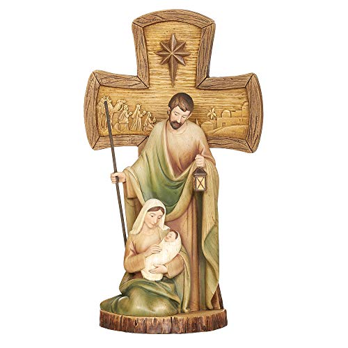Joseph's Studio by Roman - Stained Wood Cross with Holy Family Figure, Christmas Collection, 12" H, Resin and Stone, Decorative, Collection, Durable, Long Lasting