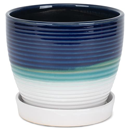 Napco Tri-Color Ribbed 4.5 Inch Blue, Green, White Ceramic Flower Pot Planter with Saucer