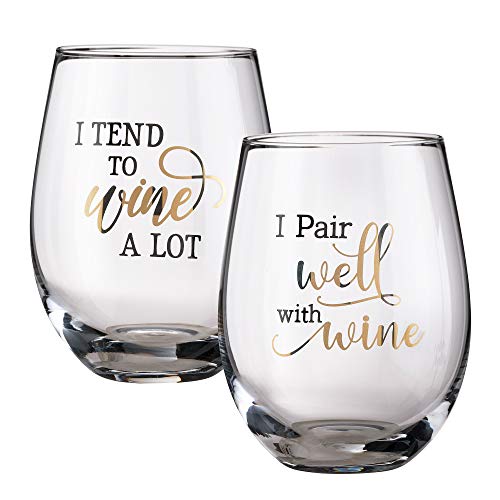 Blue Sky Clayworks Lillian Rose Glass Set with Funny Wine Sayings, 4.75", Clear