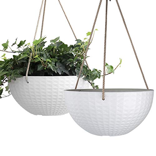 La Jol√≠e Muse Hanging Planter Set for Indoor Outdoor with Drain Hole, 10 Inch Plant Pots with White Geometric Mosaic Texture Patterns, Balcony Patio Garden, Set of 2, Matte White