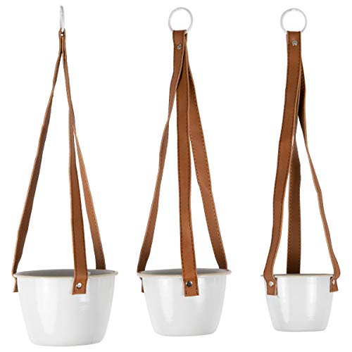 Foreside Home and Garden Home & Garden Set of 3 Antique White Enamel Metal and Faux Leather Straps Hanging Planter