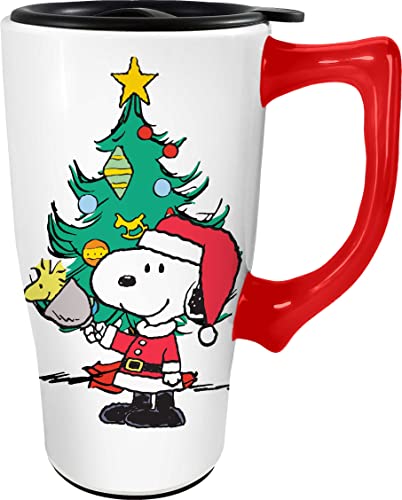 Spoontiques - Ceramic Travel Coffee Mug with Lid and Handle - Spill Proof Lid - Double Walled Mug for Hot and Cold Beverages - Microwave and Dishwasher Safe - Snoopy Christmas