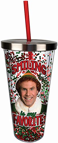 Spoontiques 21330 Elf Smiling Glitter Cup w/Straw, One Size, Red & Green